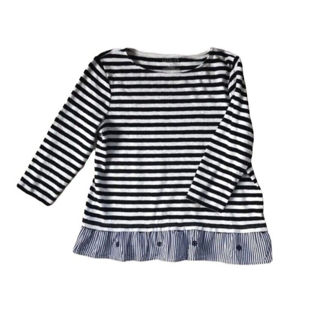 Talbots shirt top with adorable ruffle detail nautical navy stripe M petite